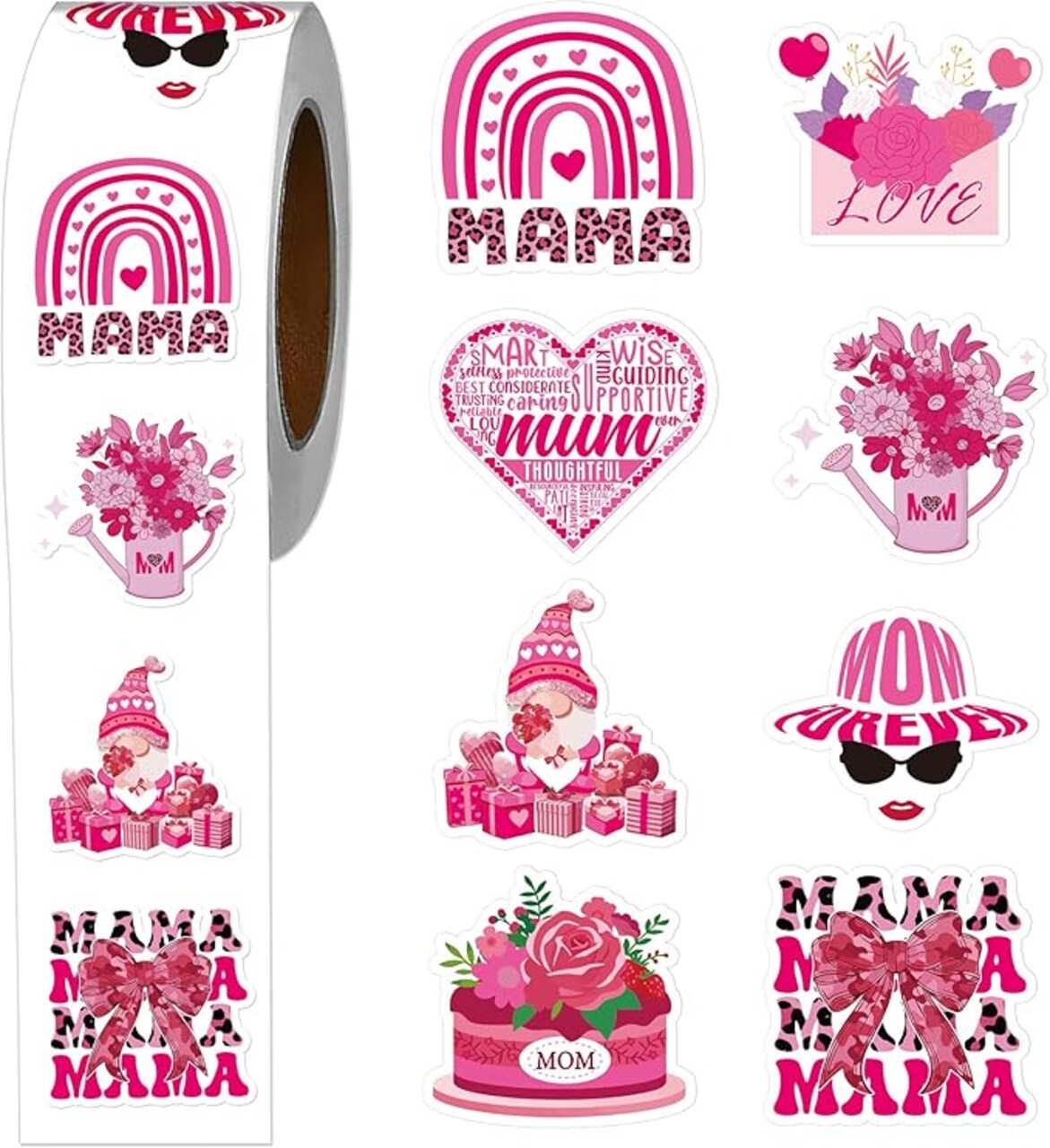 Mother’s Day Stickers Roll – 1000 Pink “Mama” Stickers, Waterproof Floral Scrapbook Decals for Mom, Water Bottles, Laptops, Luggage & DIY Crafts
